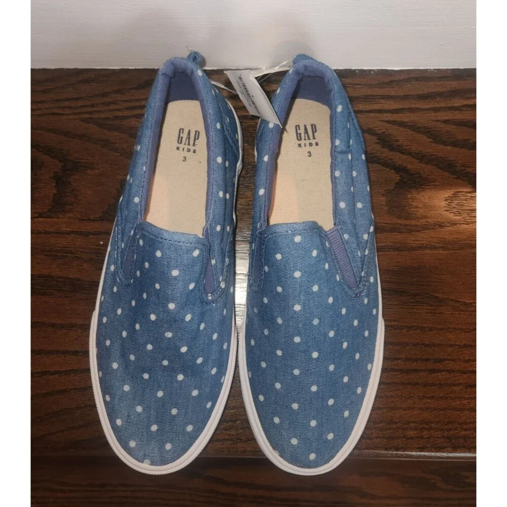 NEW 2 Pairs GAP Kids Girls Slip-on Sneakers Blue Denim Polka Dot Print-5 & 3